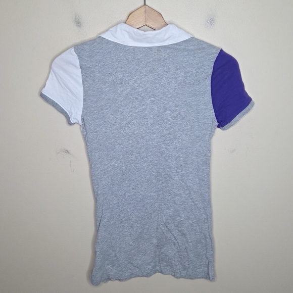 Y2K Aerpostale | Sporty Colorblock Gray Purple Graphic Polo Shirt Size Small - Picture 4 of 5